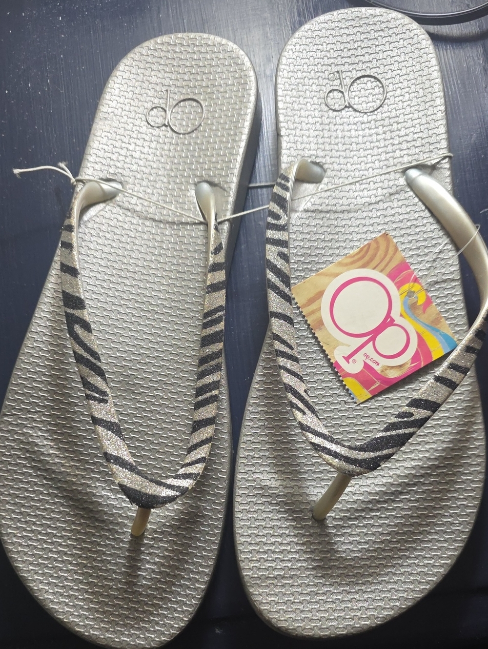 OP Silver Flip Flops with Zebra-Print Straps Size 9/10